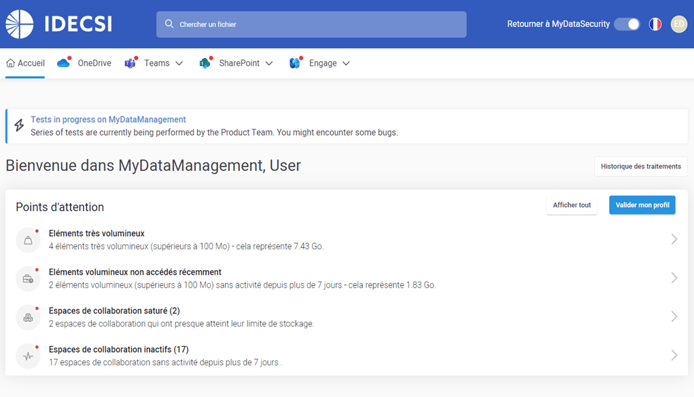 Capture d'écran de MyDataManagement avec les points d'attention
