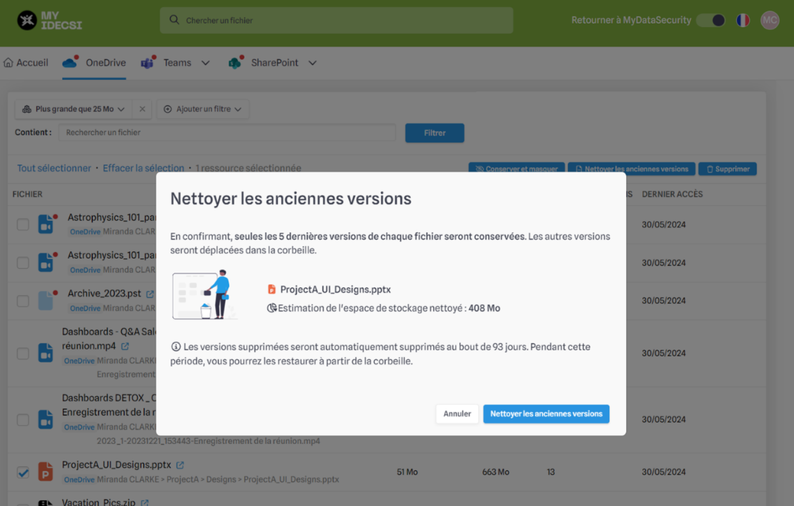 Exemple d'action de nettoyage sur les versions via MyDataManagement