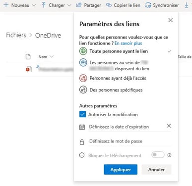 Les options de partage dans OneDrive
