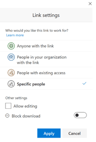 Link settings for OneDrive